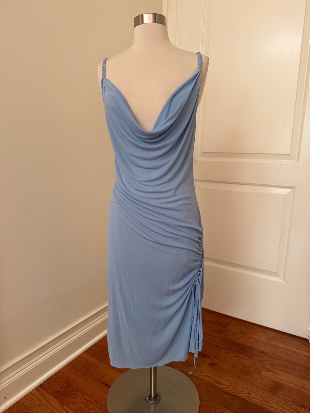 Voyage Light Blue Cowl Neck Midi Dress with Side Ruching Sz 44